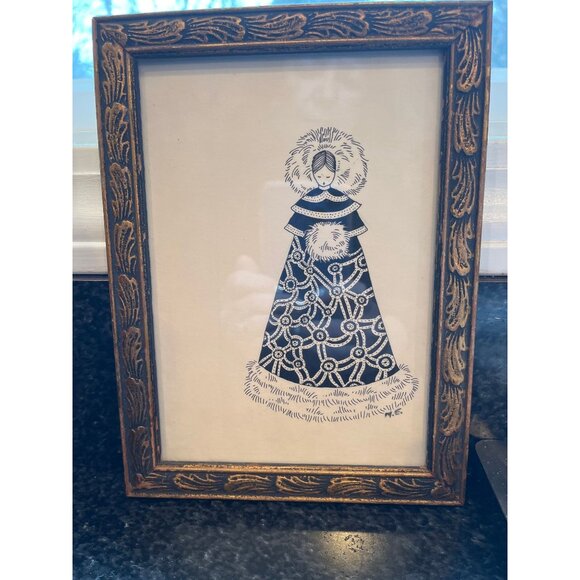 Vtg 1970's Detroit Artist Mary Ewald Pen And Ink Art Female Elegantly Dressed - Picture 2 of 7